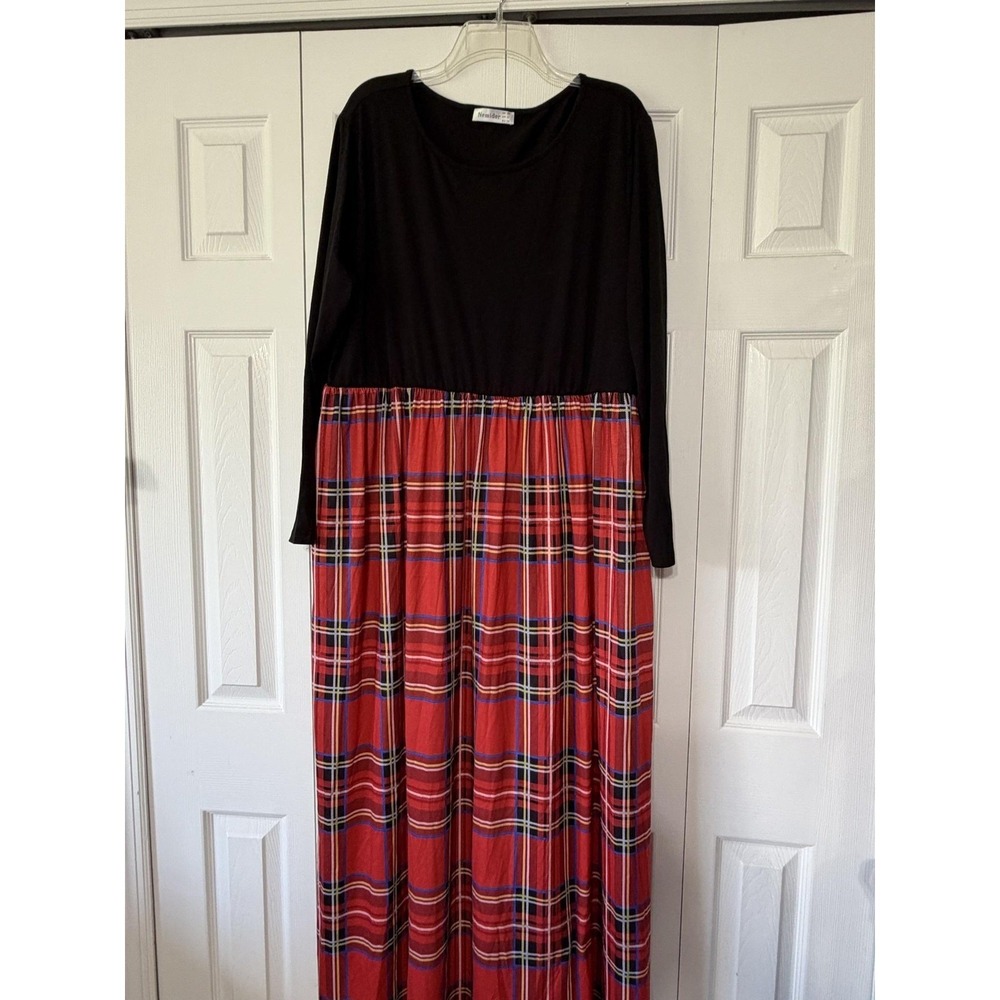 Nemidor Dress Womens 22 Black Red Plaid Long Sleeve Round Neck Maxi Jersey
